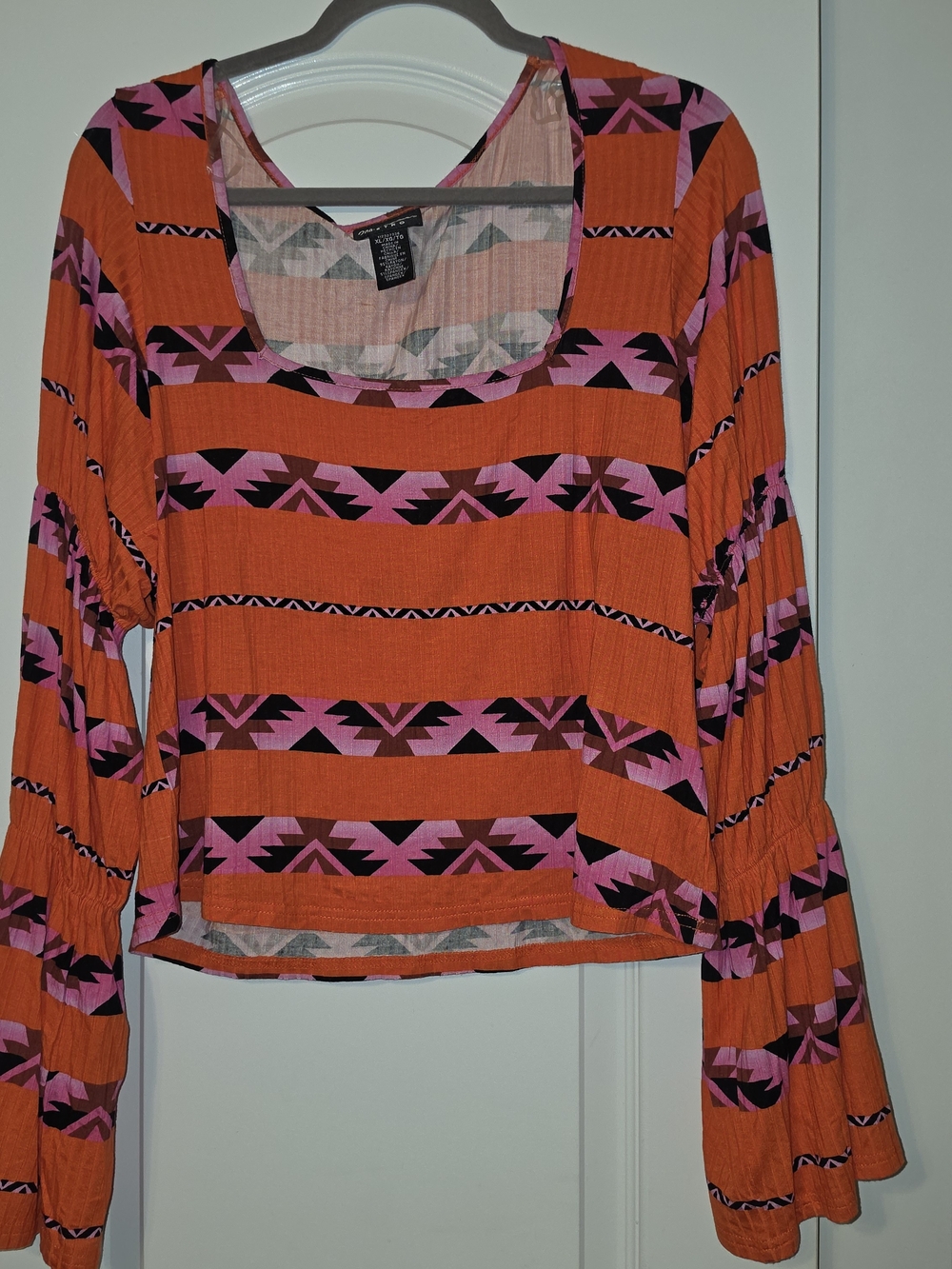 Bright Aztec-Print Long Sleeve Scoop Neck Top - Orange/Pink